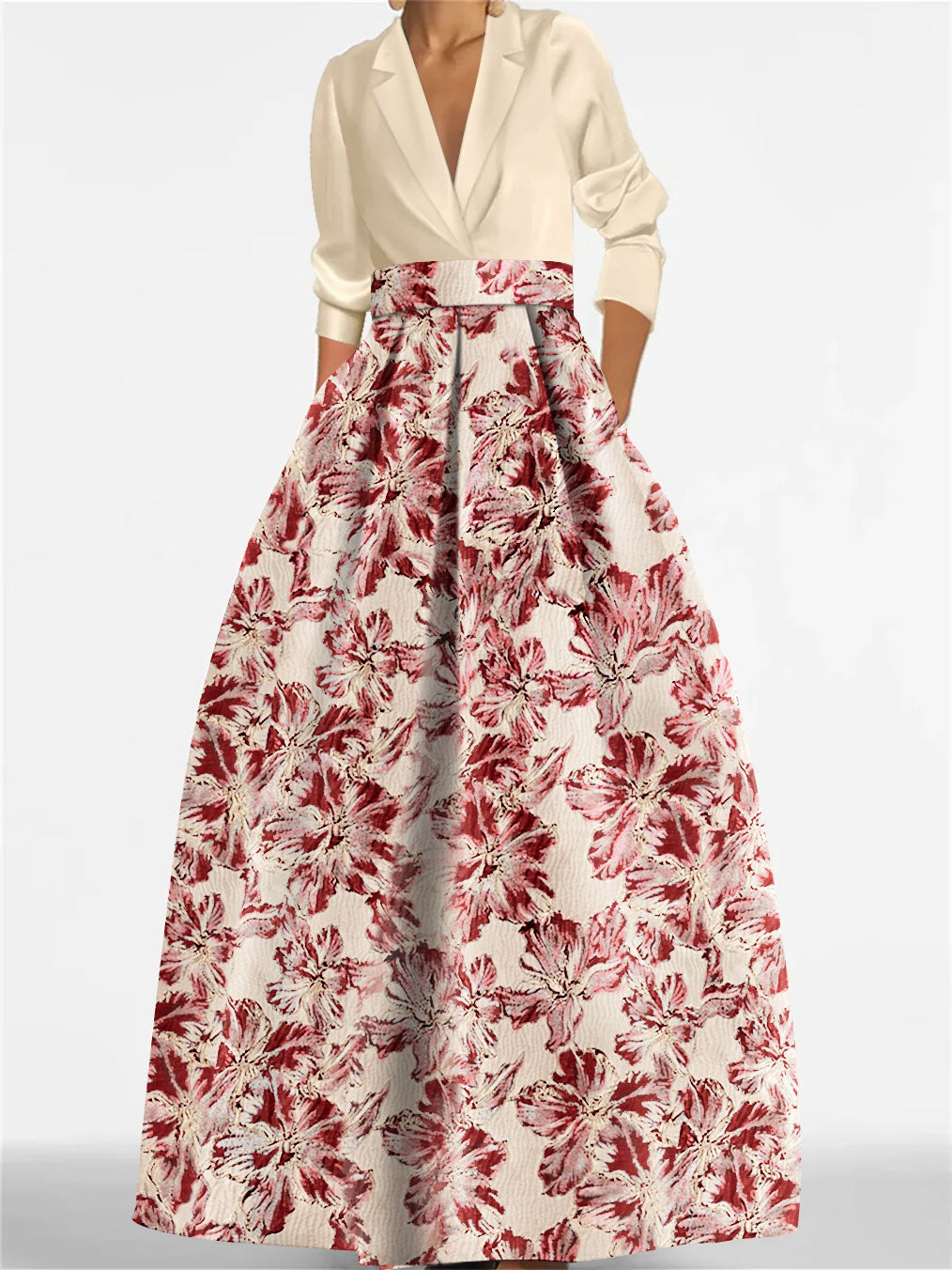 Printed Floral 3/4 Sleeve Shirt Collar A-Line Dress for Mother of the Bride & Groom-BMbridal
