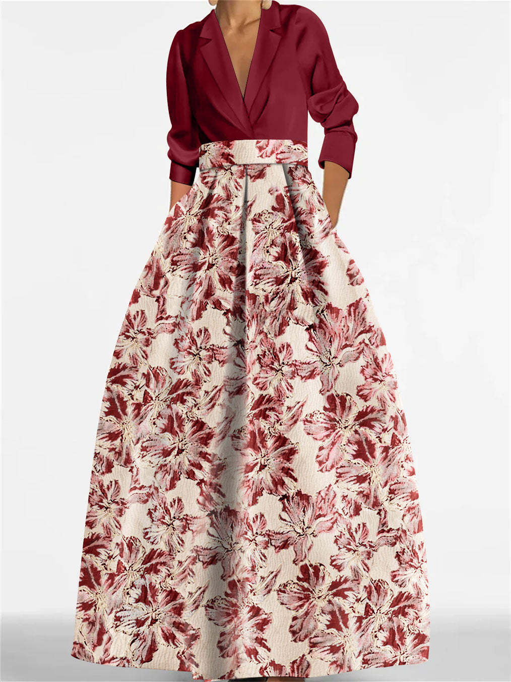 Printed Floral 3/4 Sleeve Shirt Collar A-Line Dress for Mother of the Bride & Groom-BMbridal