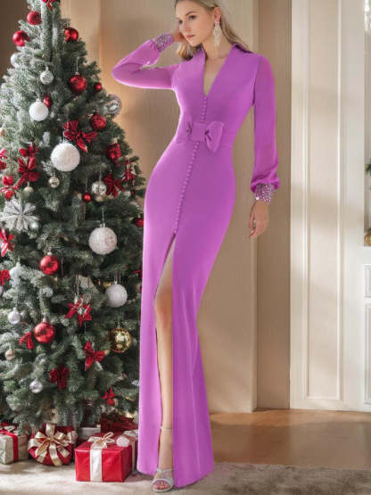 V-Neck Floor-Length Mother of the Bride Dress with Side Split & Buttons