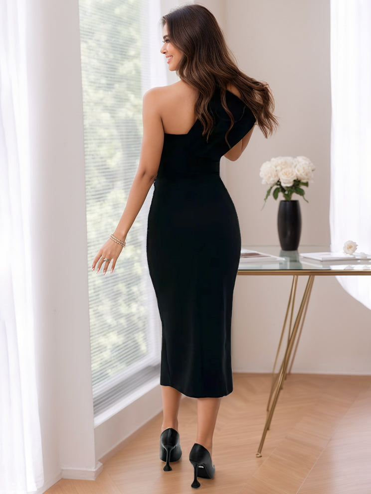 One-shoulder Tea-Length Mother of the Bride Sheath Dress With Side Split & Bow(s)