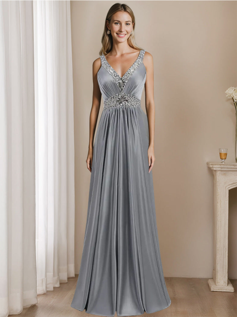 Sleeveless V-Neck Floor-Length A-Line Princess Mother of the Bride Dress with Rhinestones