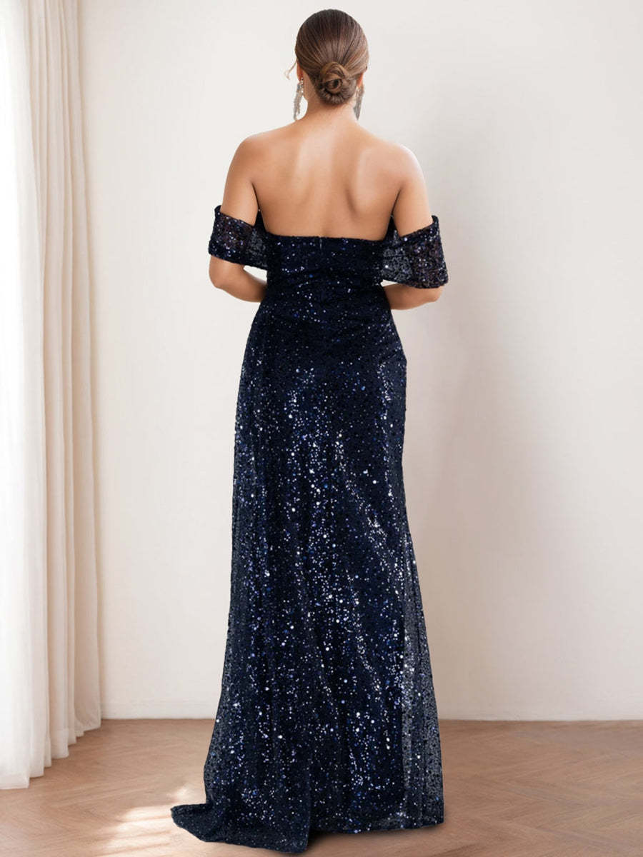 Off-the-shoulder Sequined Mother of the Bride & Groom Column Dress with Front Split