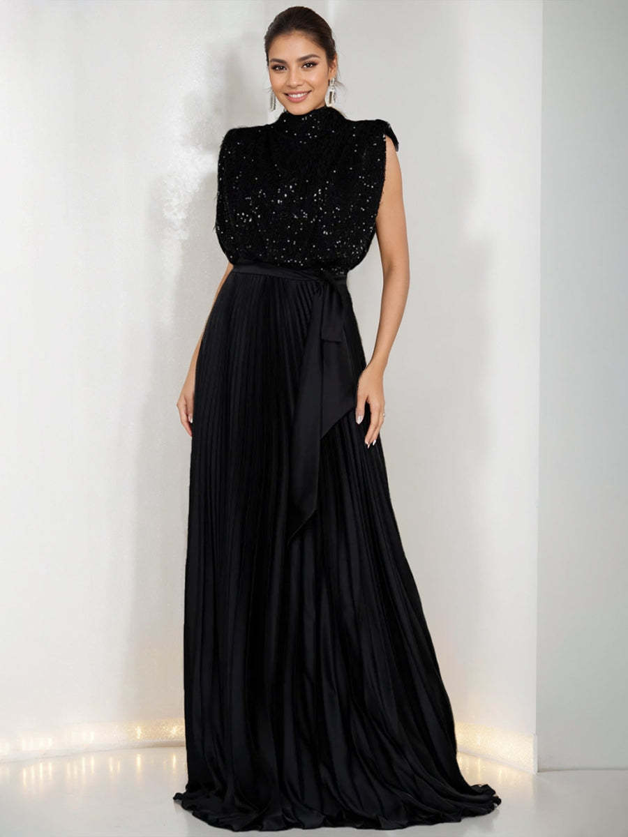 High Neck Sleeveless A-Line Princess Dress for Mothers of the Bride & Groom with Sequins and Ruffles