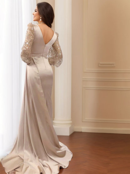 V-Neck Long Sleeve Trumpet/Mermaid Mother of the Bride Dress with Side Split and Ruched Detail