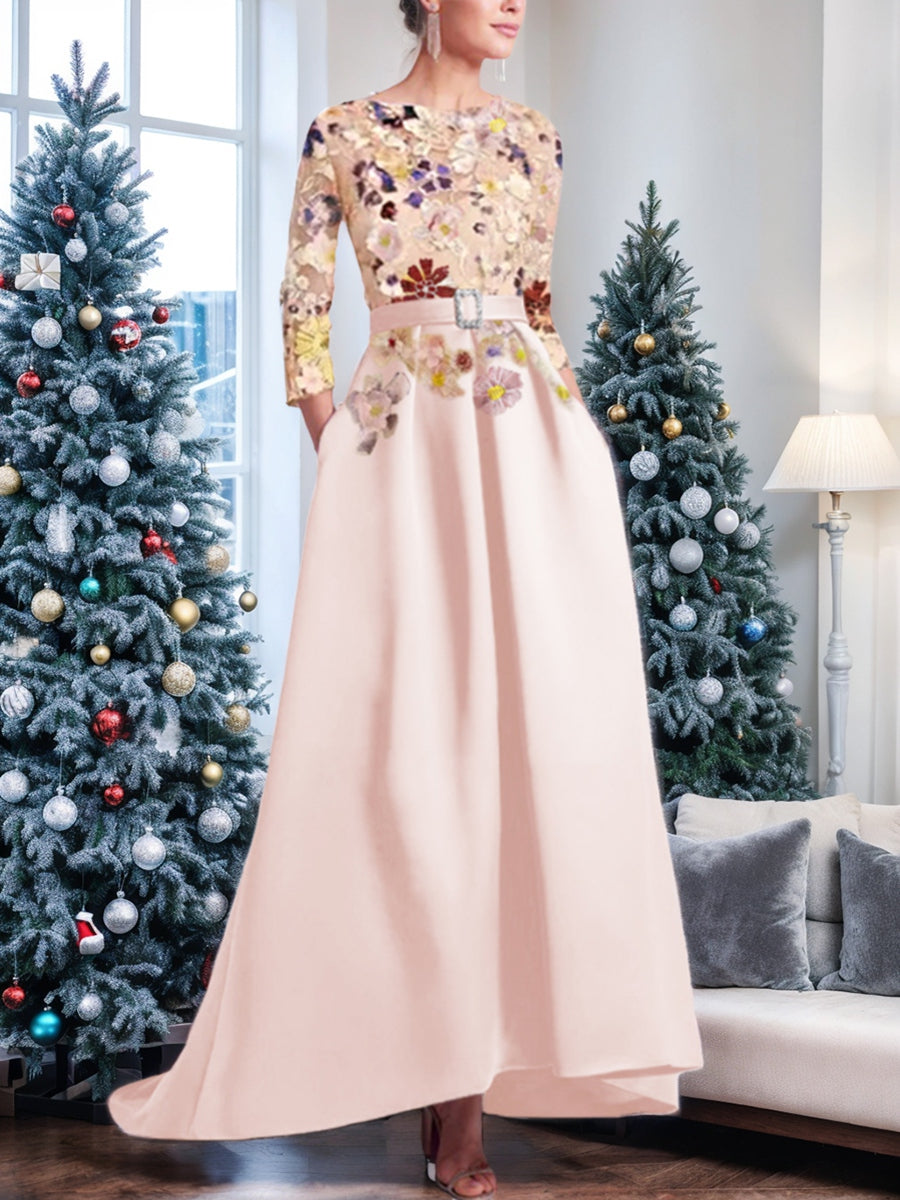 Asymmetrical A-Line Princess Scoop Neck Mother of the Bride Dress with 3/4 Sleeves and Lace Appliques-BMbridal.UK