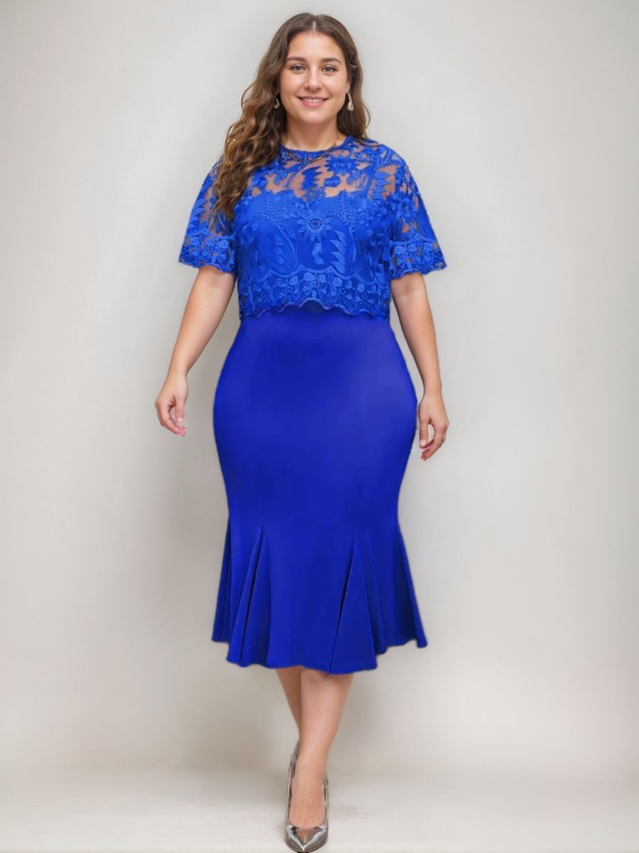 Plus Size Tea-Length Mother of the Bride Dresses with Appliques Trumpet/Mermaid Scoop Half Sleeves