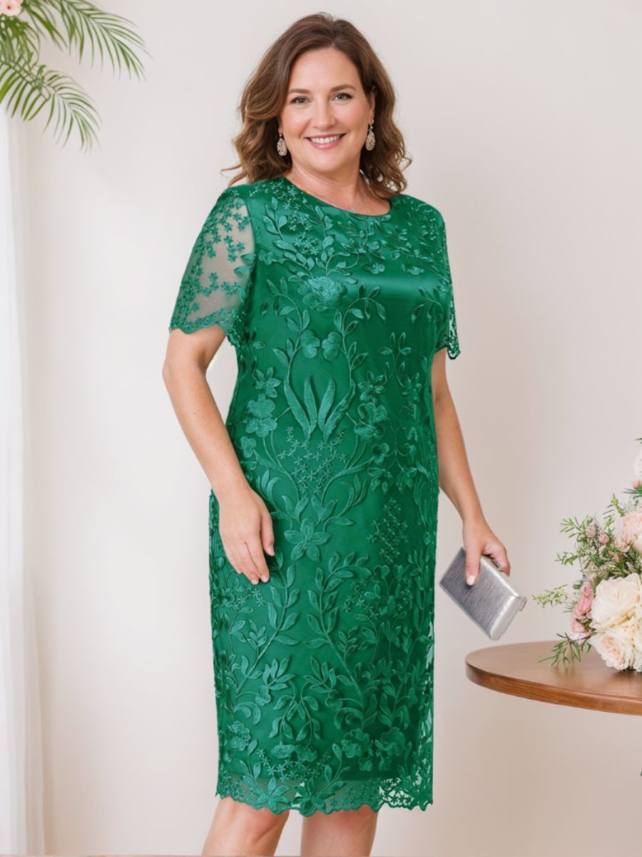 Plus Size Tea-Length Mother of the Bride Dress with Scoop Neck and Appliques