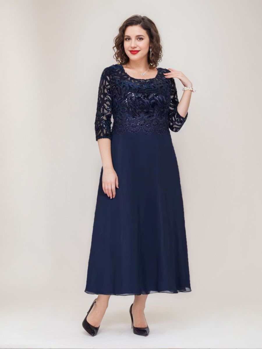 Princess A-Line Ankle-Length Plus Size Mother of the Bride Dress with Scoop 3/4 Sleeves and Appliques-BMbridal.UK