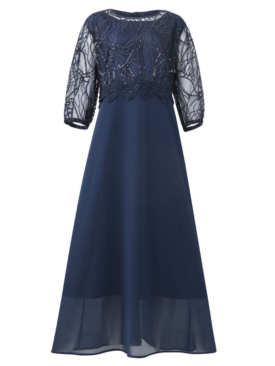 Princess A-Line Ankle-Length Plus Size Mother of the Bride Dress with Scoop 3/4 Sleeves and Appliques-BMbridal.UK