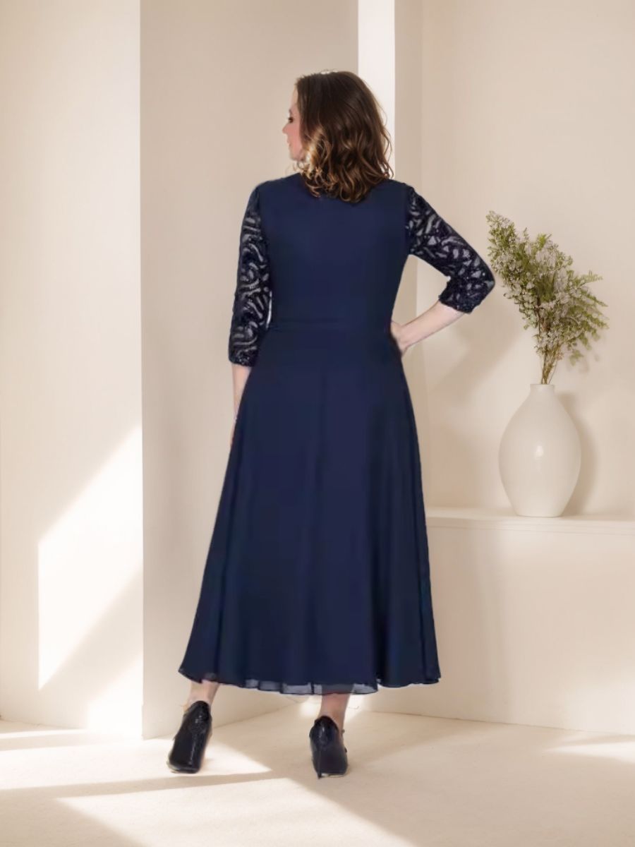 Princess A-Line Ankle-Length Plus Size Mother of the Bride Dress with Scoop 3/4 Sleeves and Appliques-BMbridal.UK