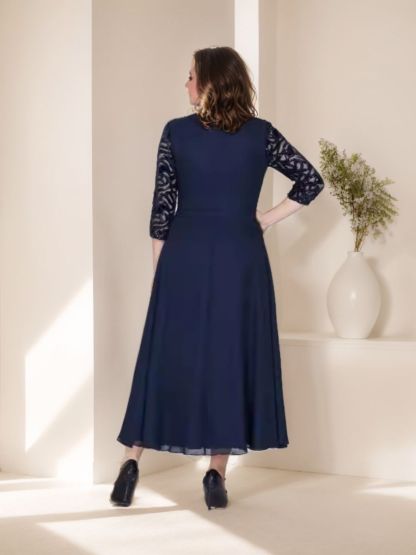 Princess A-Line Ankle-Length Plus Size Mother of the Bride Dress with Scoop 3/4 Sleeves and Appliques-BMbridal.UK