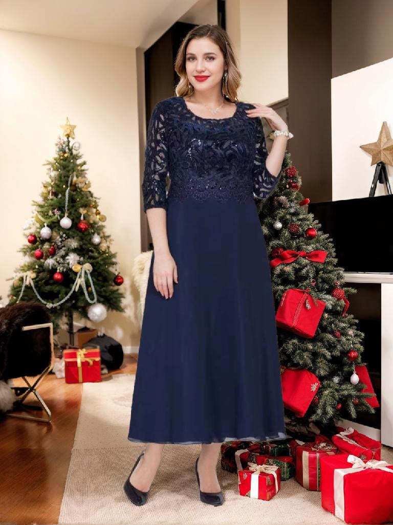 Princess A-Line Ankle-Length Plus Size Mother of the Bride Dress with Scoop 3/4 Sleeves and Appliques-BMbridal.UK