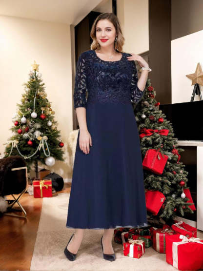 Princess A-Line Ankle-Length Plus Size Mother of the Bride Dress with Scoop 3/4 Sleeves and Appliques-BMbridal.UK