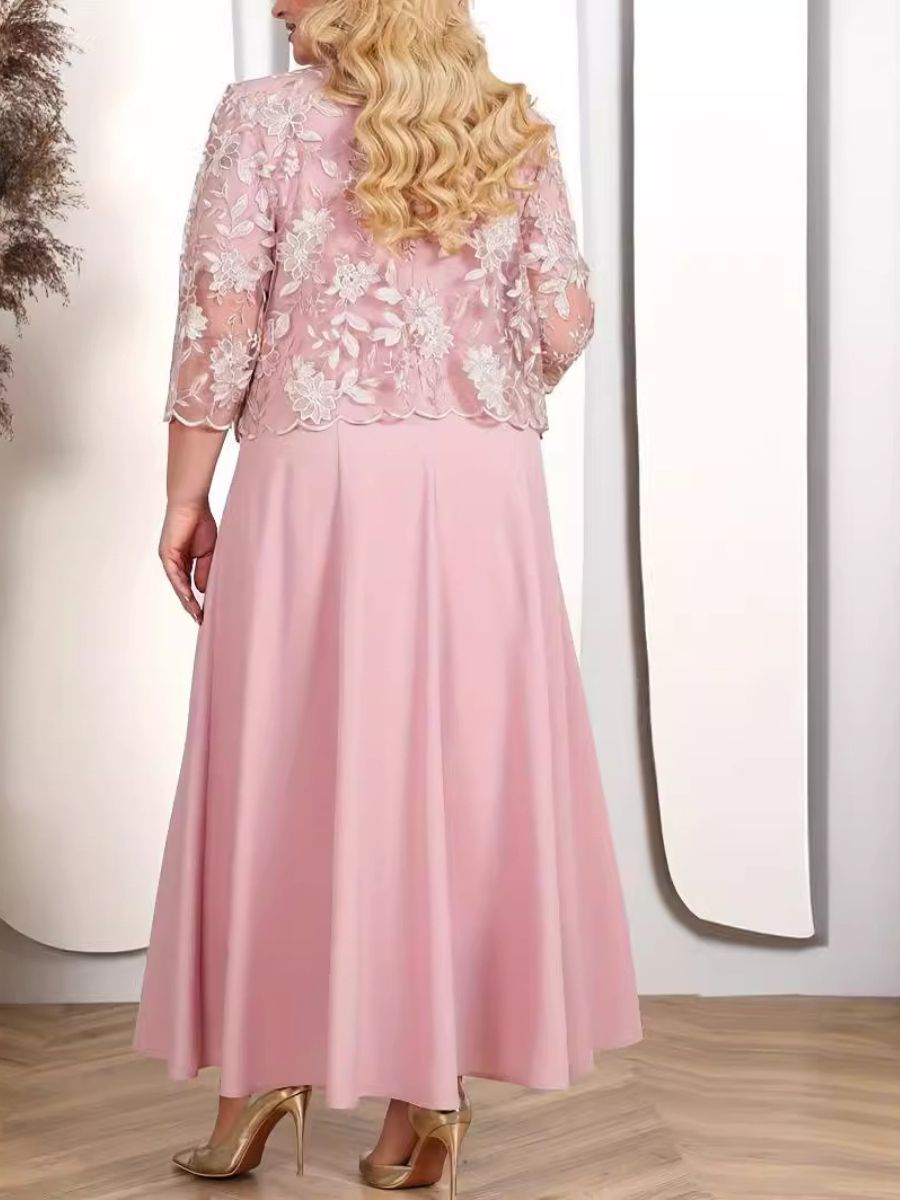 Plus Size Mother of the Bride A-Line/Princess Tea-Length Dress with 3/4 Sleeves Appliques & Jacket