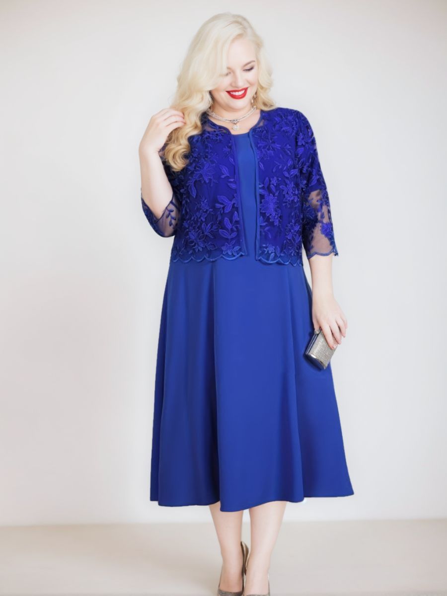 Plus Size Mother of the Bride A-Line/Princess Tea-Length Dress with 3/4 Sleeves Appliques & Jacket