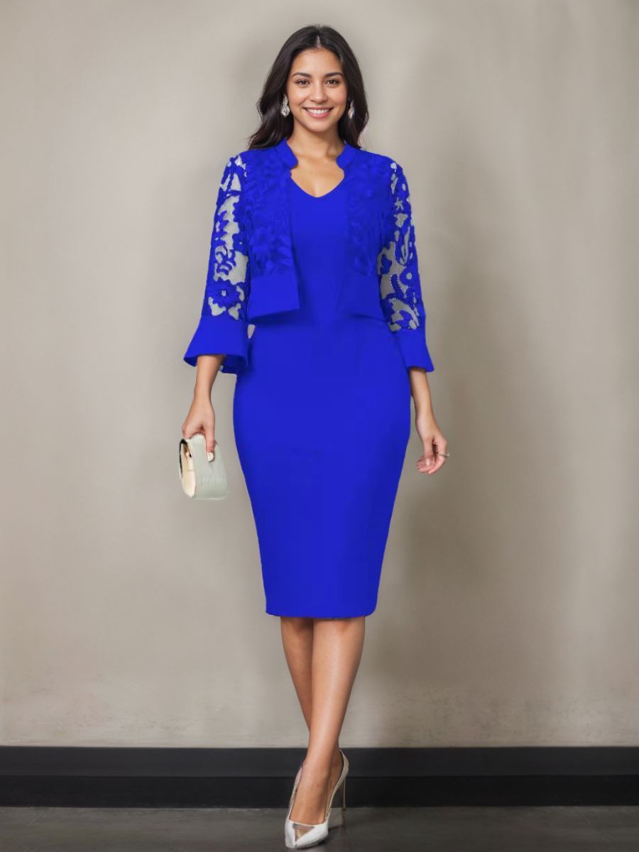 V-Neck Tea-Length Mother of the Bride Sheath/Column Dresses with Appliques and Jacket