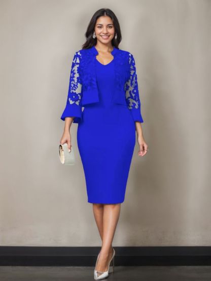 V-Neck Tea-Length Mother of the Bride Sheath/Column Dresses with Appliques and Jacket