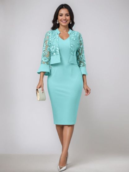 V-Neck Tea-Length Mother of the Bride Sheath/Column Dresses with Appliques and Jacket