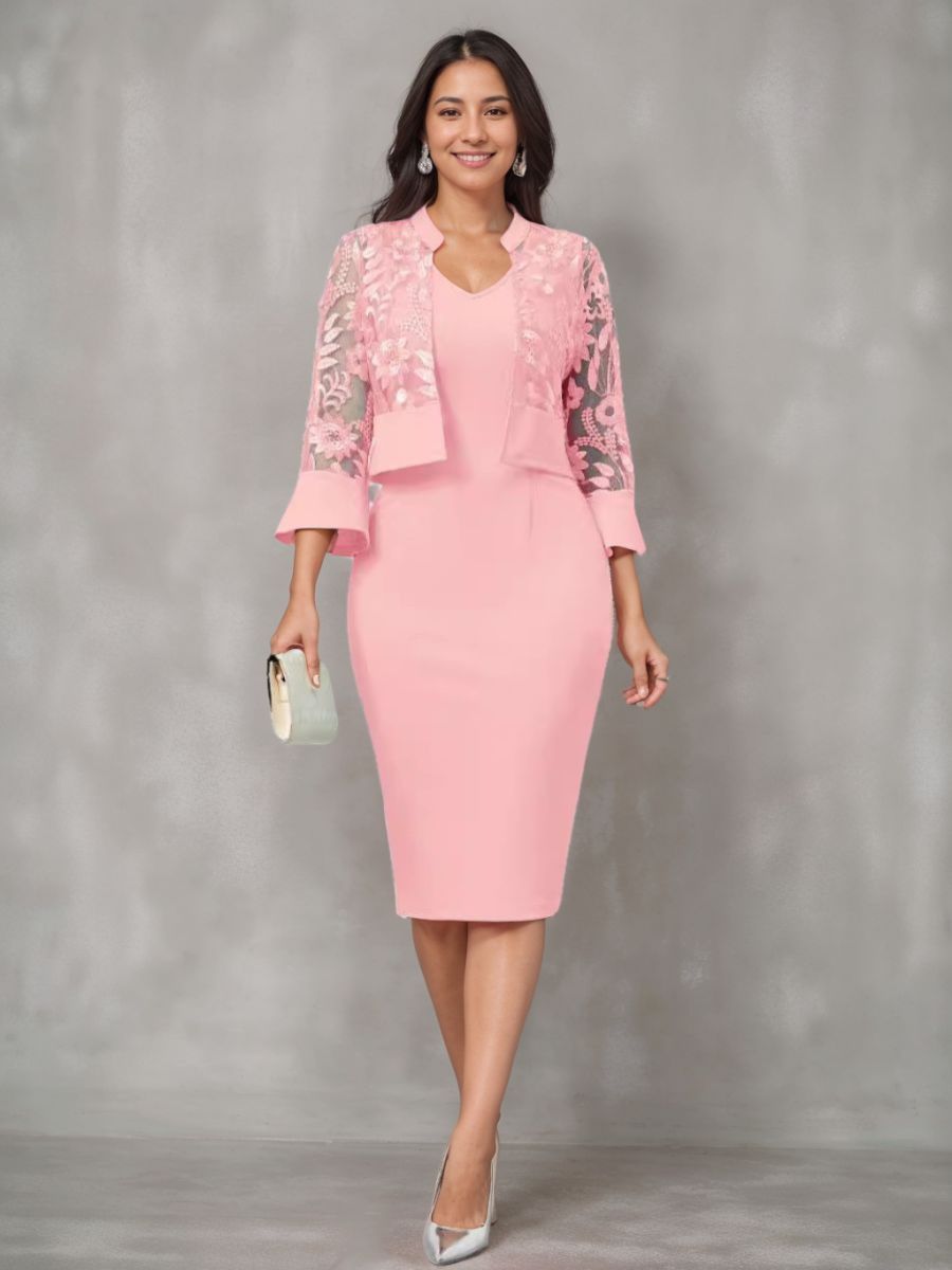 V-Neck Tea-Length Mother of the Bride Sheath/Column Dresses with Appliques and Jacket
