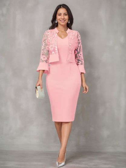 V-Neck Tea-Length Mother of the Bride Sheath/Column Dresses with Appliques and Jacket