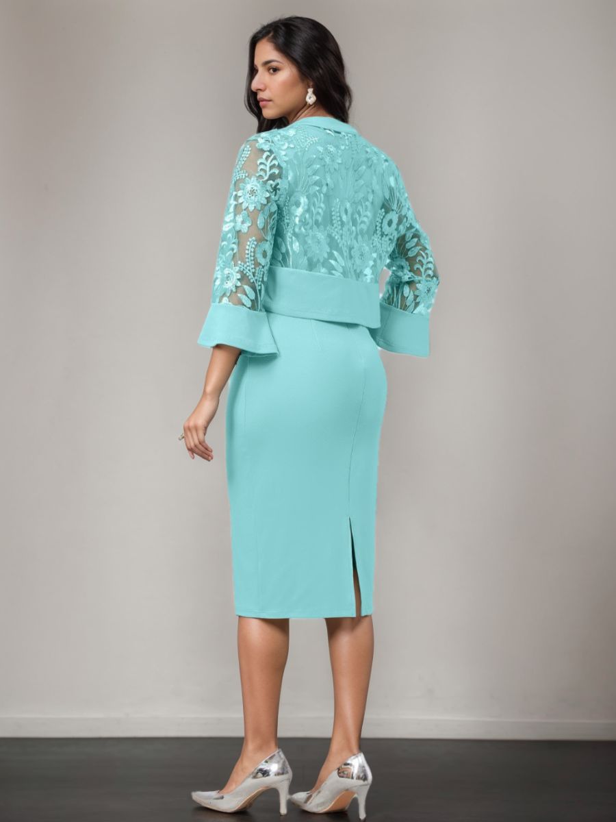 V-Neck Tea-Length Mother of the Bride Sheath/Column Dresses with Appliques and Jacket