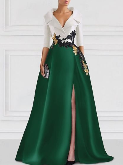 V-Neck Floor-Length A-Line Princess Gown for the Mother of the Bride with Side Split and Appliques