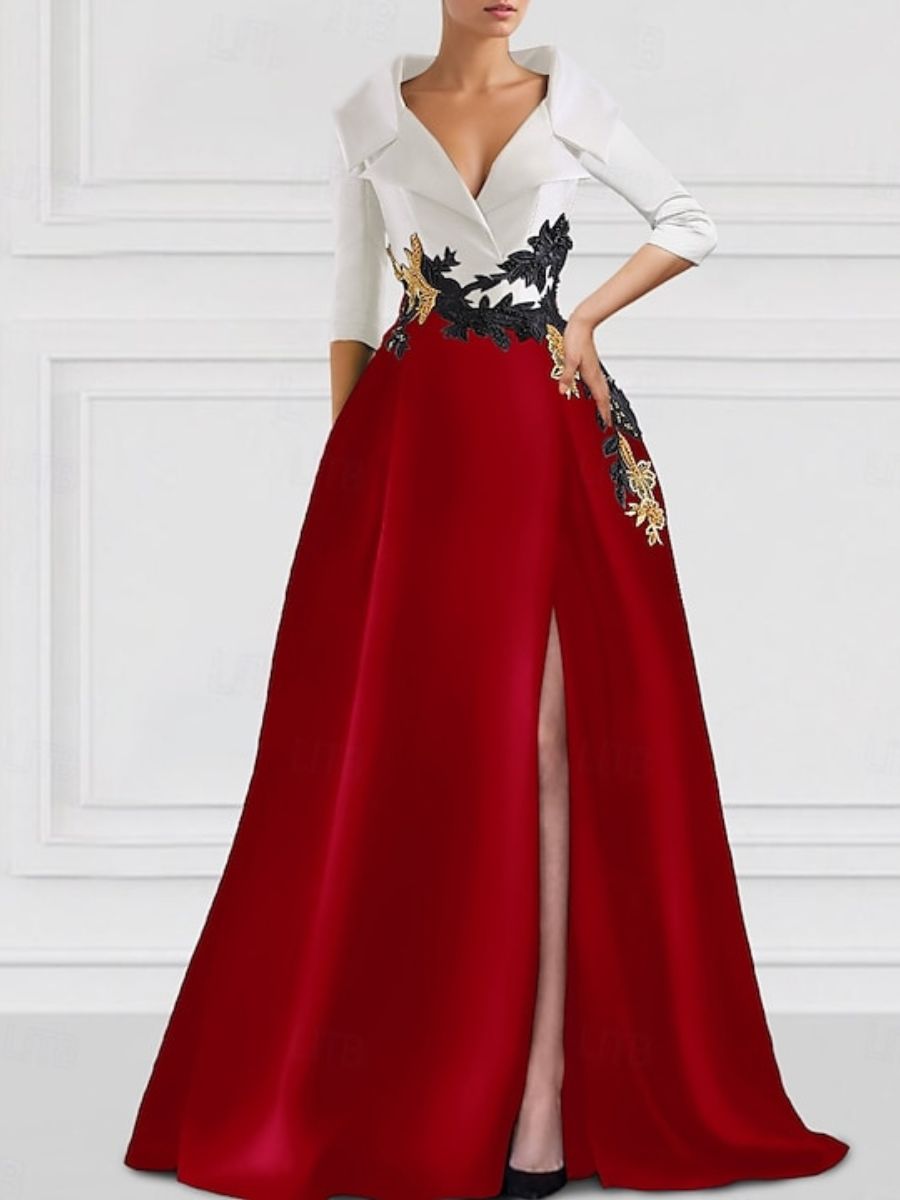 V-Neck Floor-Length A-Line Princess Gown for the Mother of the Bride with Side Split and Appliques