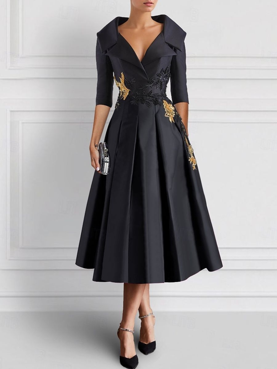 Elegant V-Neck A-Line Princess Tea-Length Mother of the Bride Dresses with Appliques