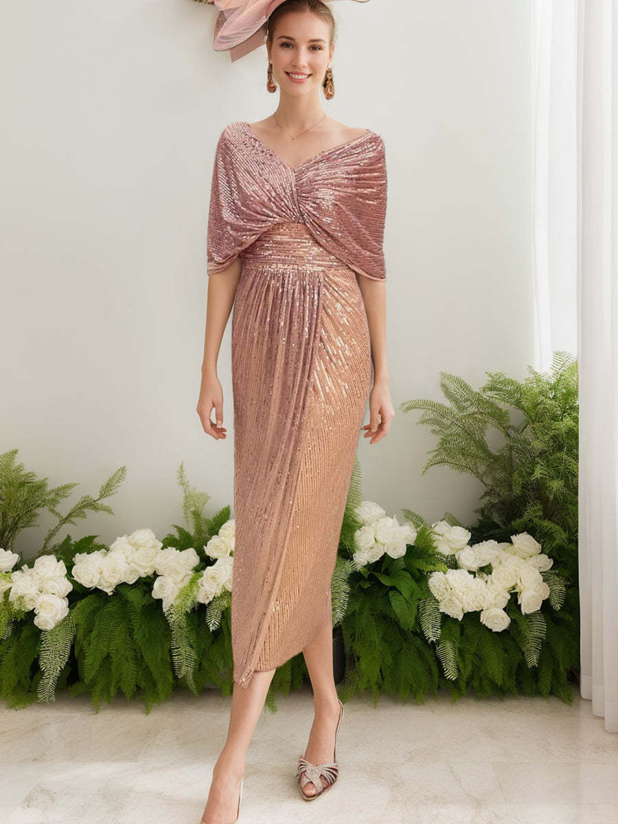 V-Neck Half-Sleeve Ruched Sheath Dress with Ruffle for Mothers of the Bride & Groom