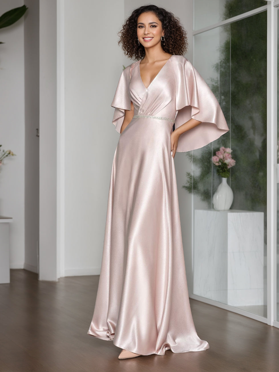 Elegant V-Neck A-Line Princess Floor-Length Mother of the Bride Dress with Short Cape Sleeves and Ruffle-BMbridal.UK