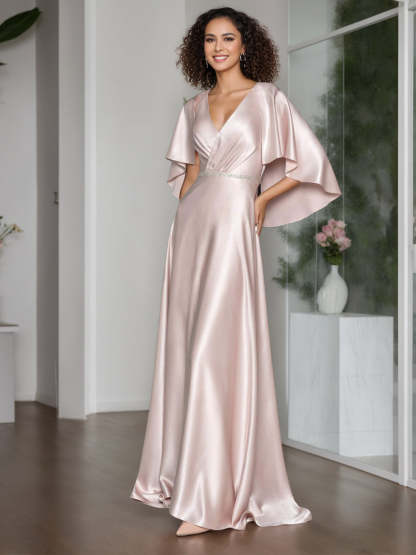 Elegant V-Neck A-Line Princess Floor-Length Mother of the Bride Dress with Short Cape Sleeves and Ruffle-BMbridal.UK