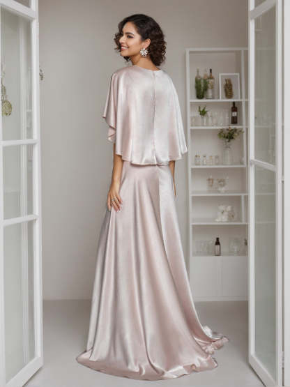Elegant V-Neck A-Line Princess Floor-Length Mother of the Bride Dress with Short Cape Sleeves and Ruffle-BMbridal.UK