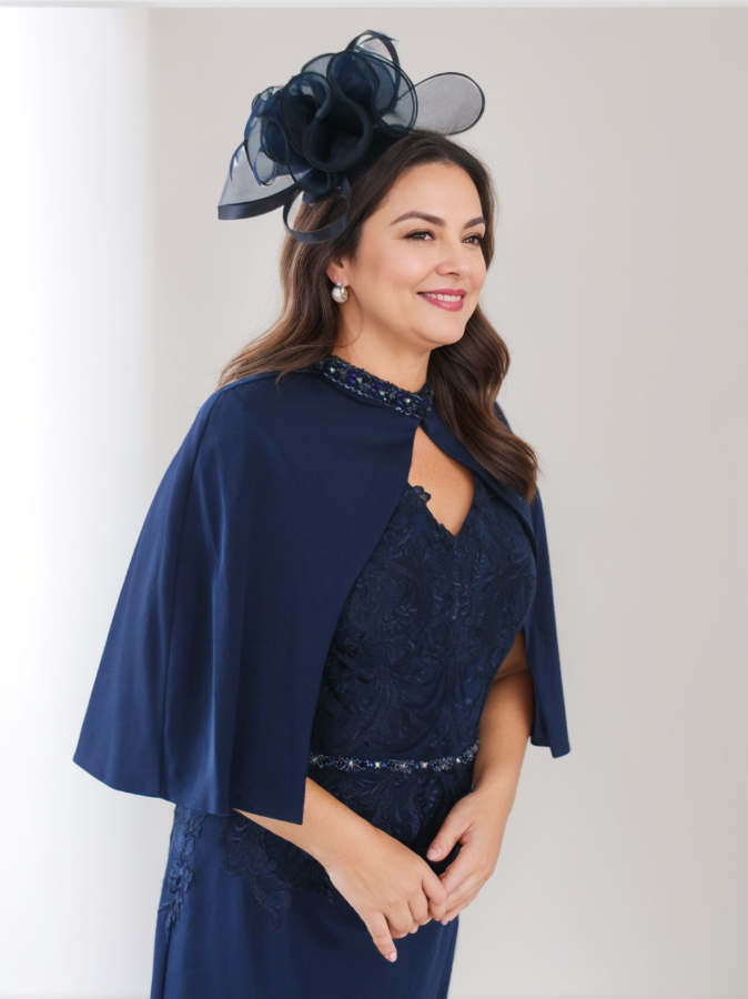 Plus Size V-Neck Tea-Length Mother of the Bride Sheath Dress with Rhinestones & Appliques