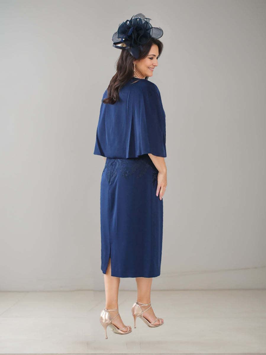 Plus Size V-Neck Tea-Length Mother of the Bride Sheath Dress with Rhinestones & Appliques