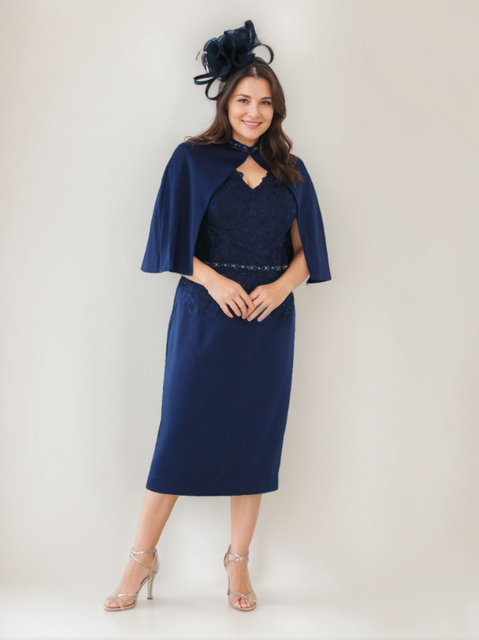 Plus Size V-Neck Tea-Length Mother of the Bride Sheath Dress with Rhinestones & Appliques