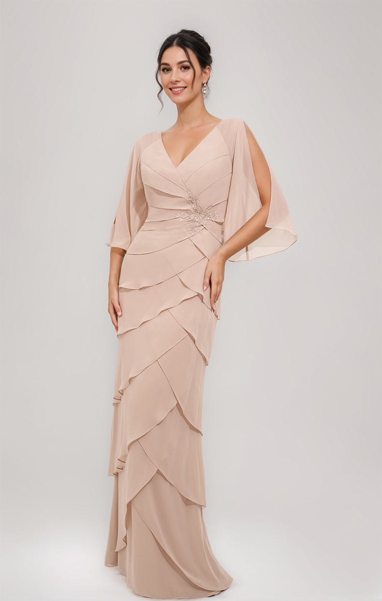 V-Neck 3/4 Sleeve Sheath Dress with Appliques & Ruffles for Mothers of the Bride and Groom