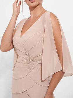 V-Neck 3/4 Sleeve Sheath Dress with Appliques & Ruffles for Mothers of the Bride and Groom
