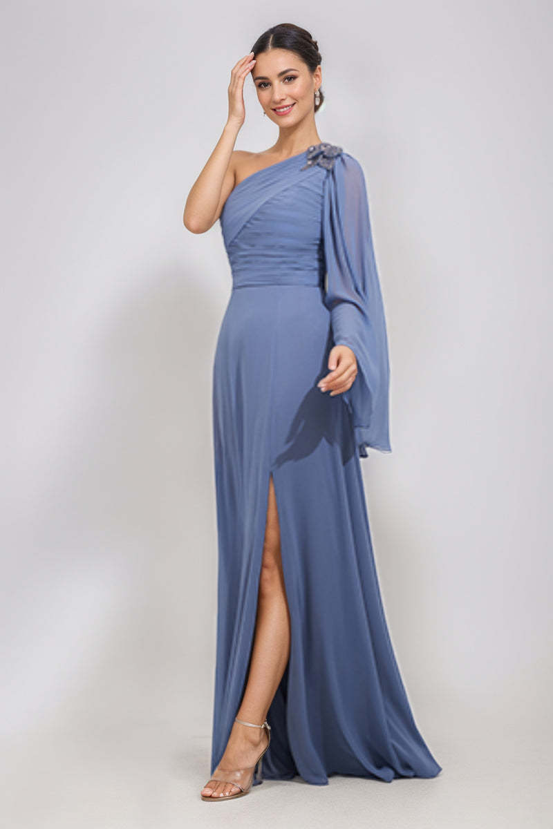 One-Shoulder A-Line Princess Dress for the Mother of the Bride & Groom Featuring Appliques and a Side Slit-BMbridal.UK