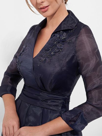 Floor-Length A-Line Mother Of The Bride Dress with V-Neck 3/4 Sleeves Appliques & Side Slit