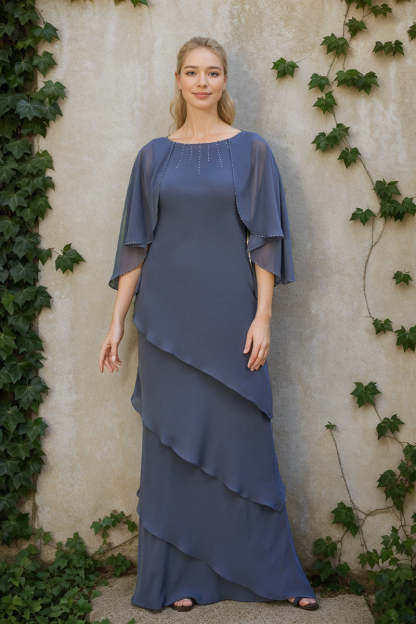 Mother of the Bride & Groom A-Line/Princess Dresses with Scoop Neck 3/4 Sleeves Rhinestones and Ruffles-BMbridal.UK