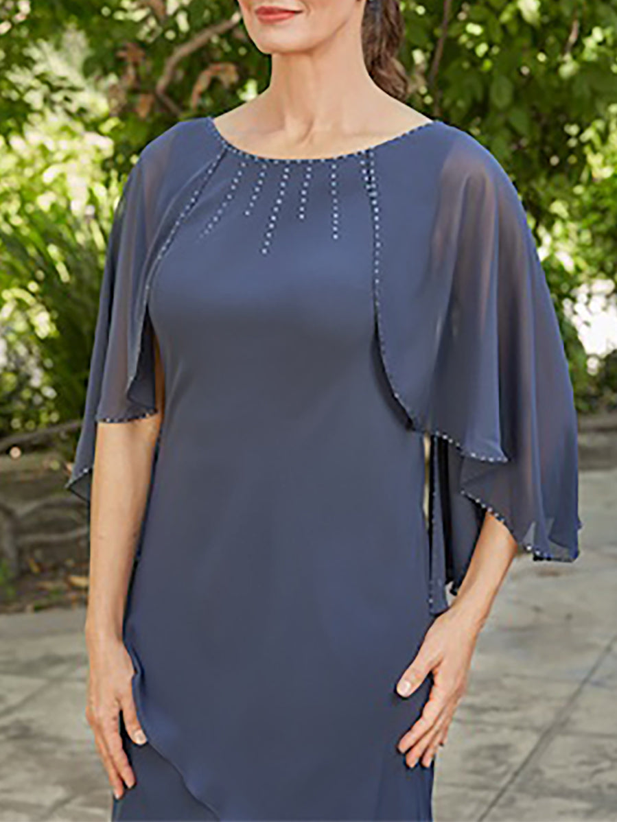 Mother of the Bride & Groom A-Line/Princess Dresses with Scoop Neck 3/4 Sleeves Rhinestones and Ruffles-BMbridal.UK