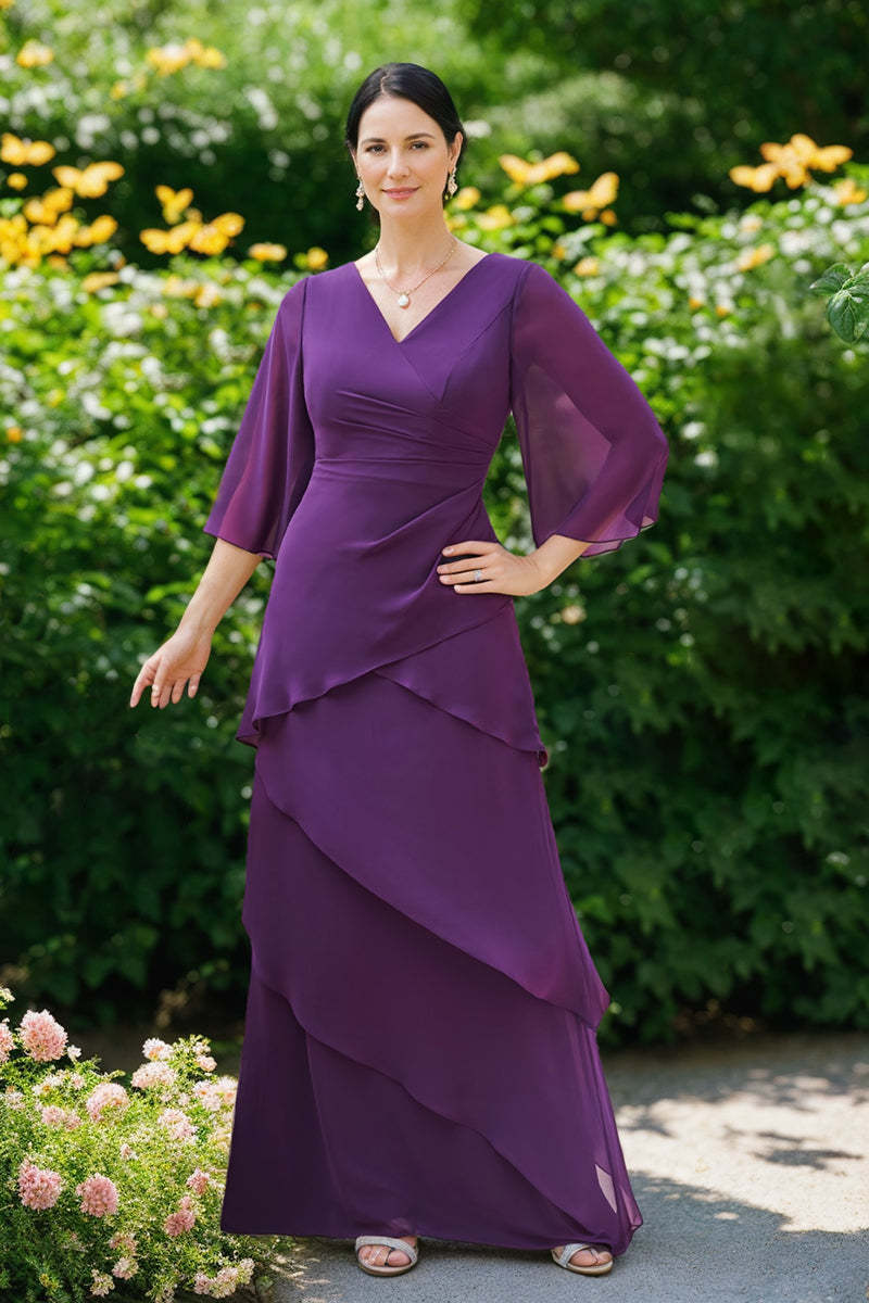 V-Neck A-Line Chiffon Mother of the Bride Dress with 3/4 Sleeves and Ruffles