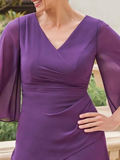V-Neck A-Line Chiffon Mother of the Bride Dress with 3/4 Sleeves and Ruffles