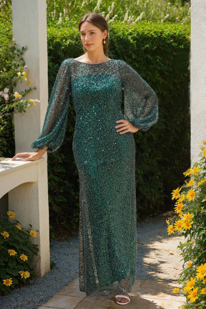 Sequined Scoop-Neck Sheath Dress with Long Sleeves for Mothers of the Bride & Groom
