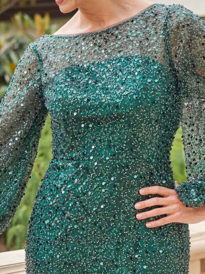 Sequined Scoop-Neck Sheath Dress with Long Sleeves for Mothers of the Bride & Groom