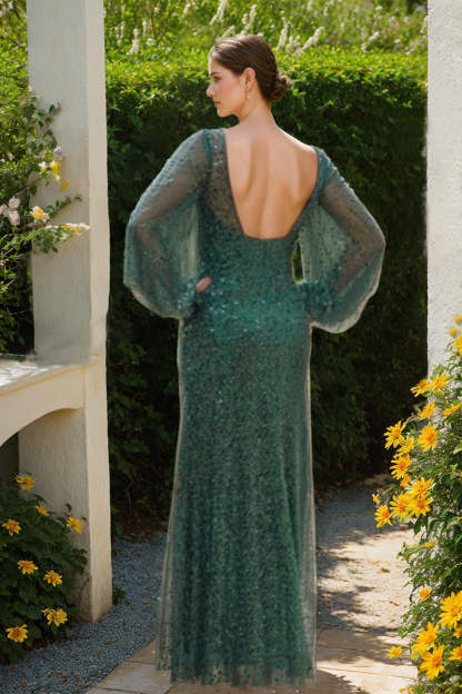 Sequined Scoop-Neck Sheath Dress with Long Sleeves for Mothers of the Bride & Groom