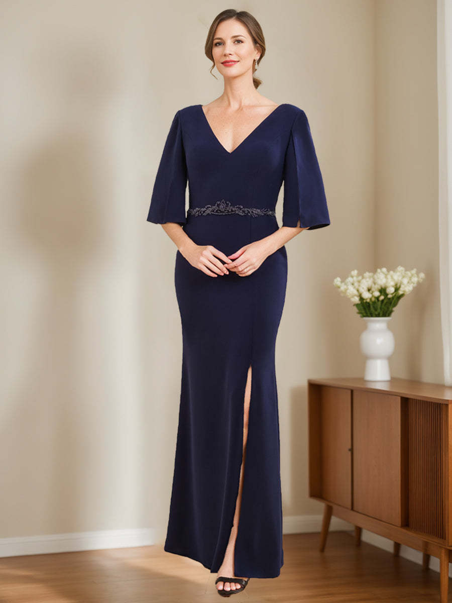 V-Neck Half-Sleeve Sheath/Column Dress for Mothers of the Bride & Groom with Appliques and Side Split-BMbridal.UK