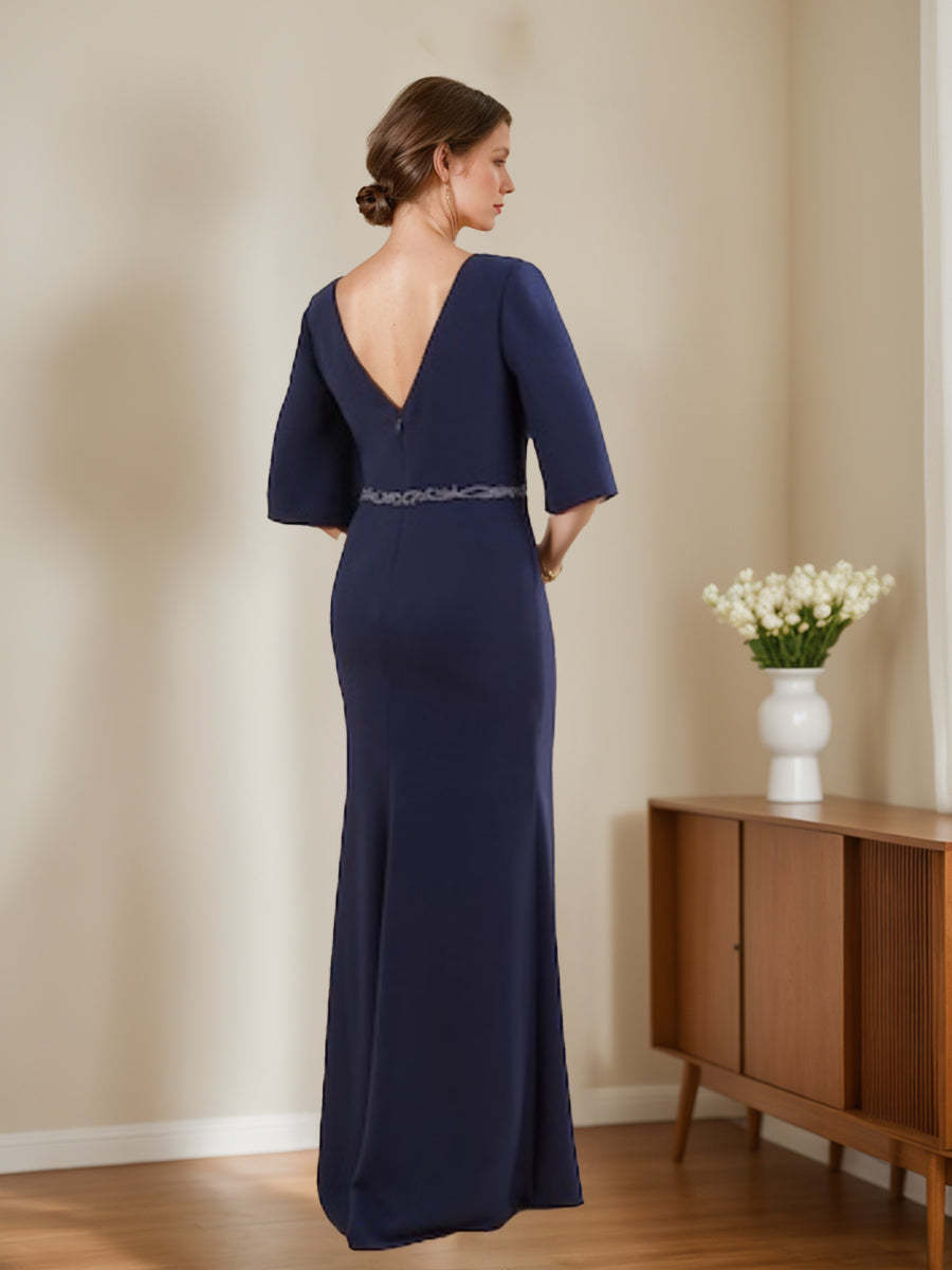 V-Neck Half-Sleeve Sheath/Column Dress for Mothers of the Bride & Groom with Appliques and Side Split-BMbridal.UK
