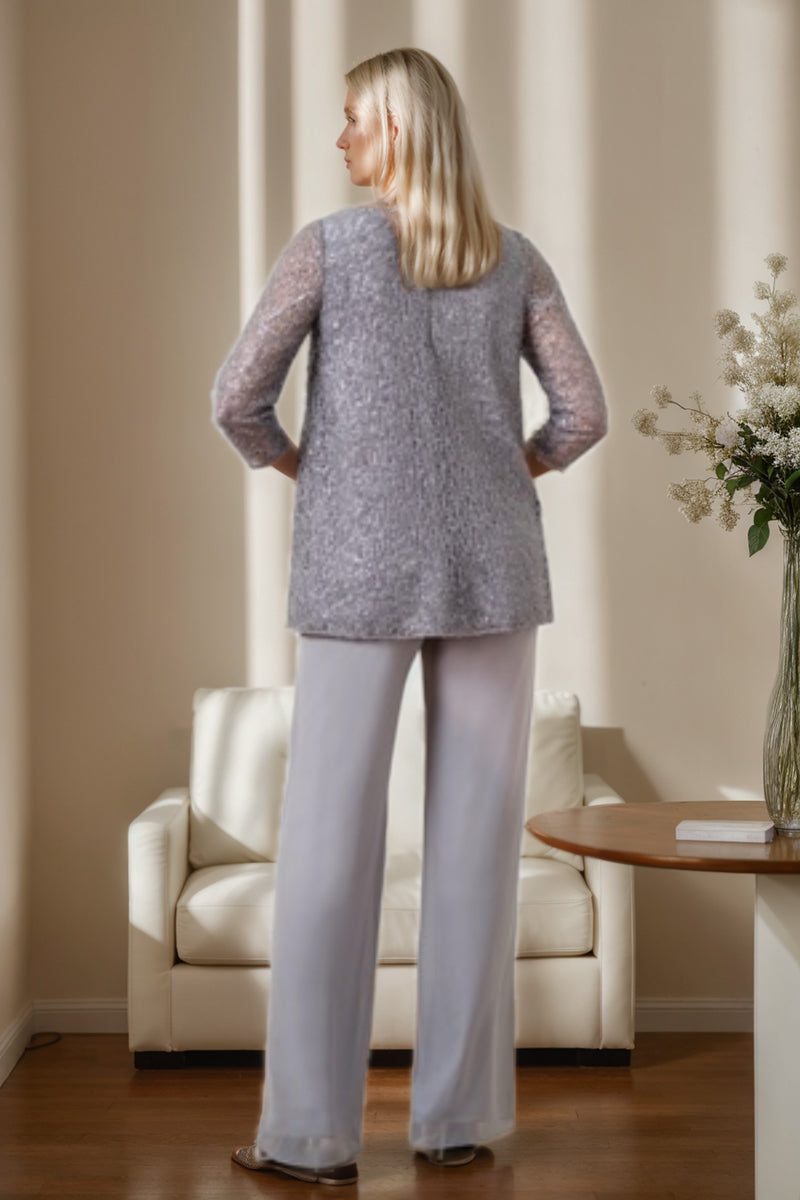 3/4 Sleeve V-Neck Chiffon Mother of the Bride Pantsuit with Sequins