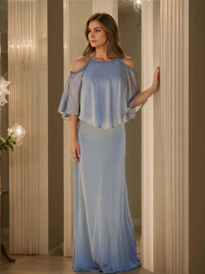 Cowl Neck Half-Sleeve Sheath/Column Mother of the Bride Dress with Ruffles and Beadings